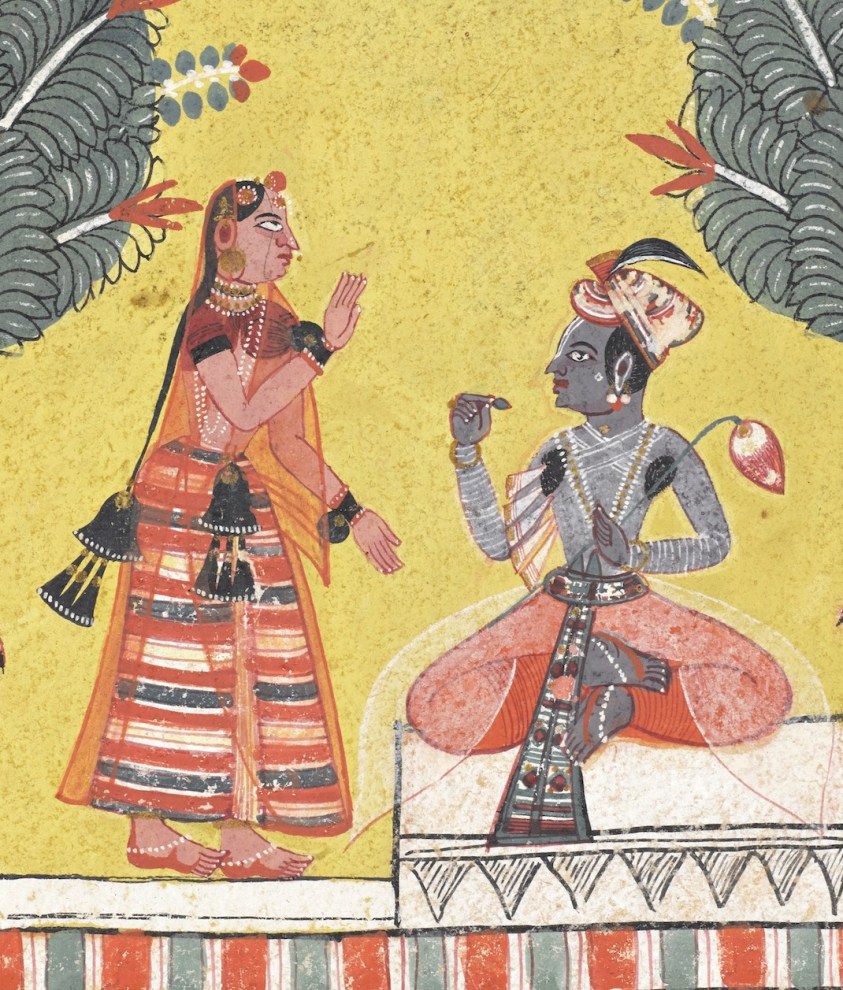 the sakhi is addressing Krishna, who is seated chewing pan in the woods between trees in which monkeys are gamboling and deer frolic