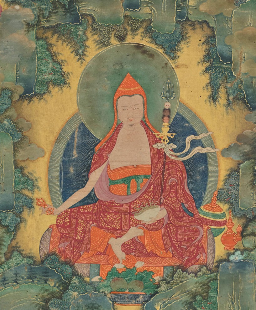 The revered Indian tantric master Padmasambhava appears at the center of the painting seated in a golden grotto 