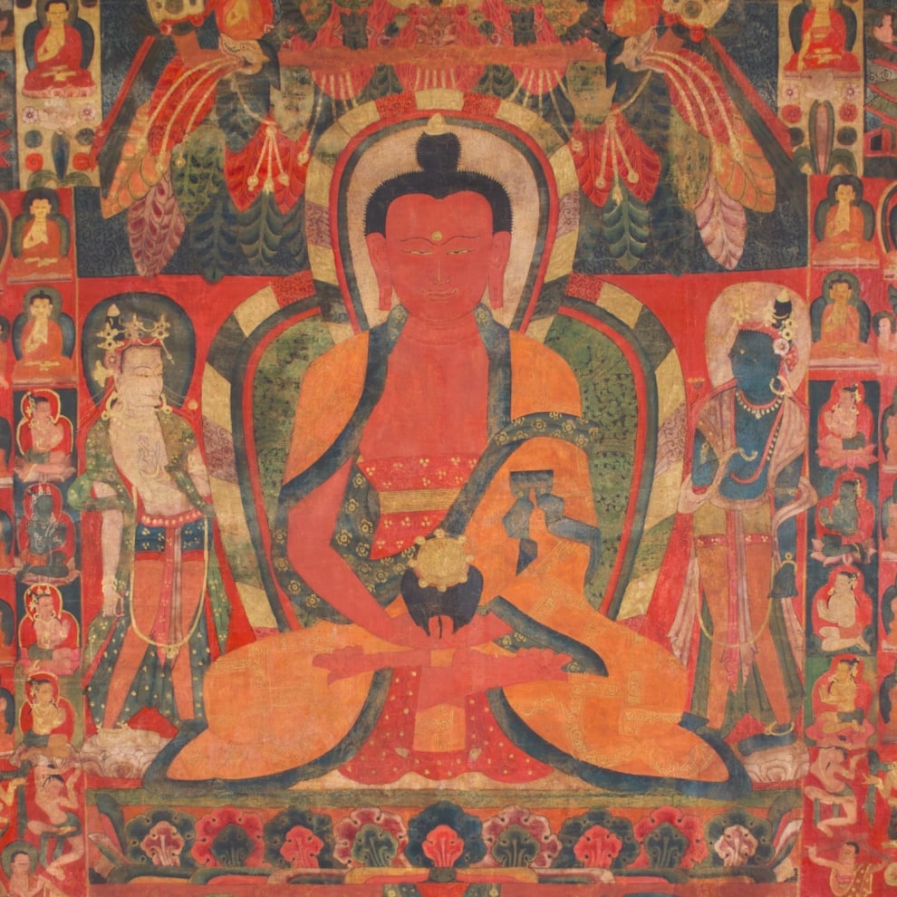 The Buddha of Infinite Light, Amitabha, is accompanied by bodhisattvas Avalokiteshvara and Mahasthamaprapta—sometimes known as the Western Trinity—in this animated portrayal of Sukhavati, the Blissful Western Pure Land of Amitabha